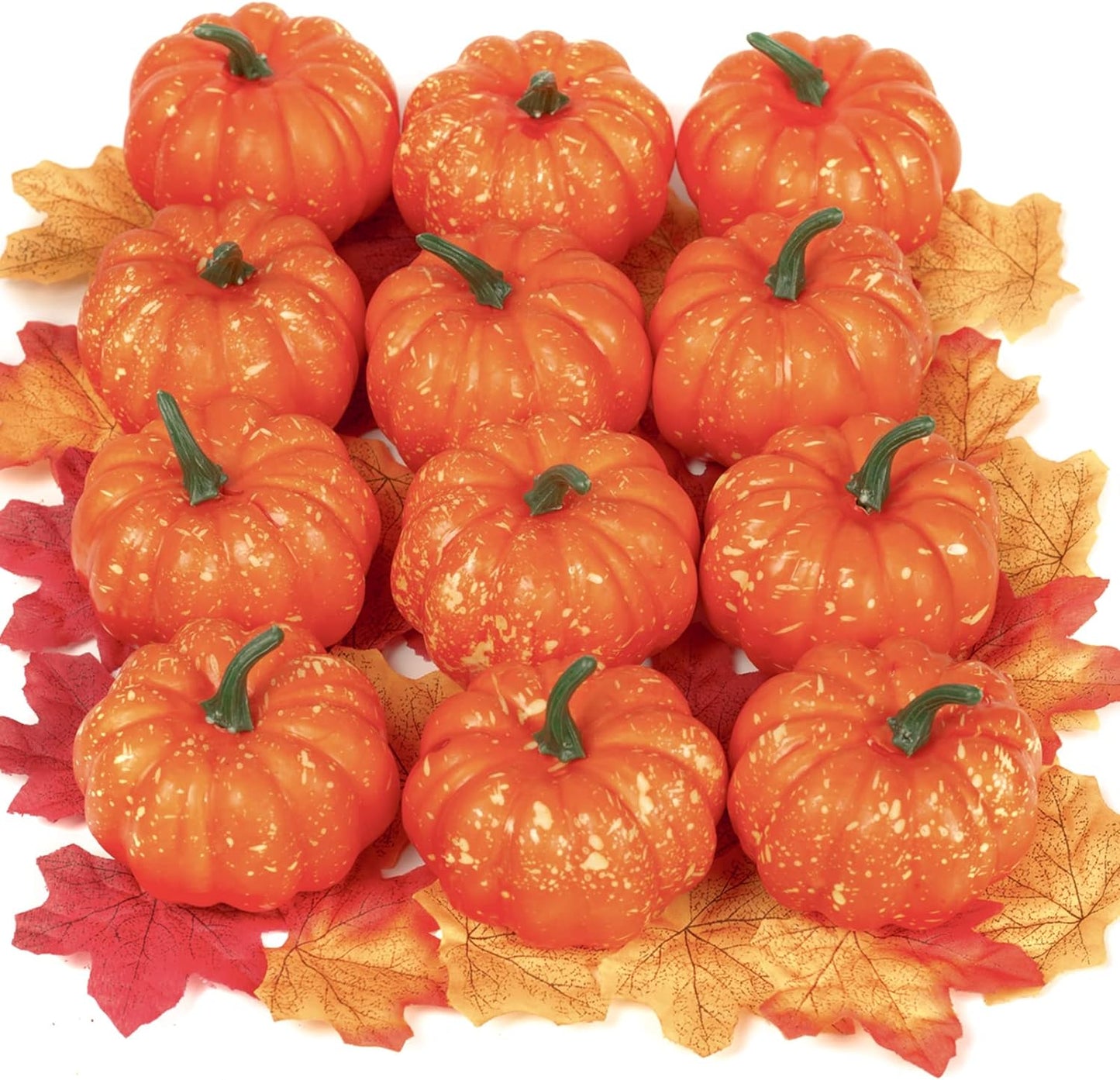 VGOODALL Halloween Pumpkins 32PCS Artificial Pumpkins Sets, 12PCS Mini Fake Pumpkins with 10PCS Lifelike Maple Leaves 10PCS LED Artificial Lights Garland Battery Operated Decoration Fairy Lights Faux Pumpkins for Decorating Fall Harvest Garland Halloween