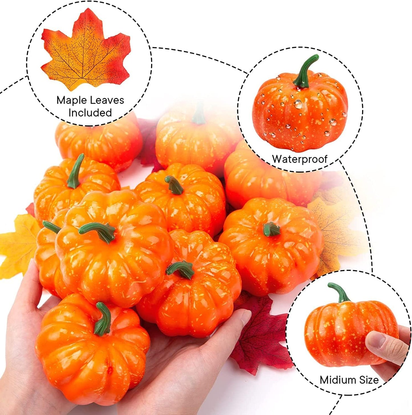 VGOODALL Halloween Pumpkins 32PCS Artificial Pumpkins Sets, 12PCS Mini Fake Pumpkins with 10PCS Lifelike Maple Leaves 10PCS LED Artificial Lights Garland Battery Operated Decoration Fairy Lights Faux Pumpkins for Decorating Fall Harvest Garland Halloween