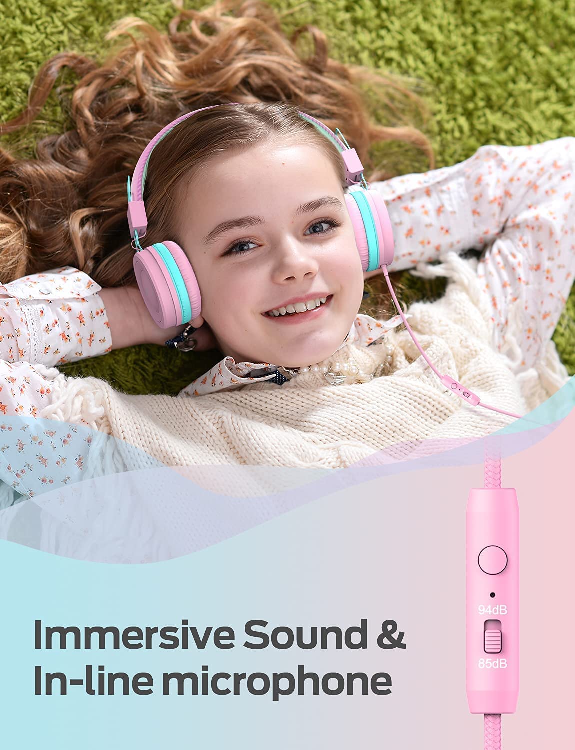 iclever Kids Headphones for Girls, Wired Headphones for Kids, Adjustable Headband, Foldable, 85/94dB Volume Control, Childrens Headphones on Ear for School/Travel HS14 Pink or Black