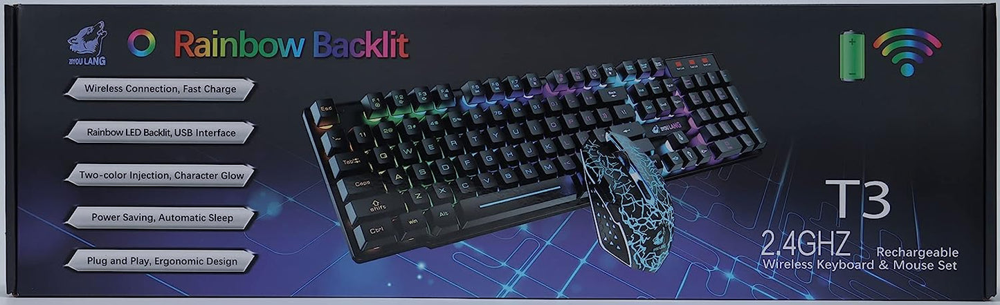 Wireless Keyboard Mouse Combo Rainbow Backlit 2.4G Rechargeable 3000mAh Battery 104 Keys Gaming Keyboard + 2400DPI 6 Buttons Optical Rainbow LED Gaming Wireless Mouse + Mouse Pads for PC Laptop