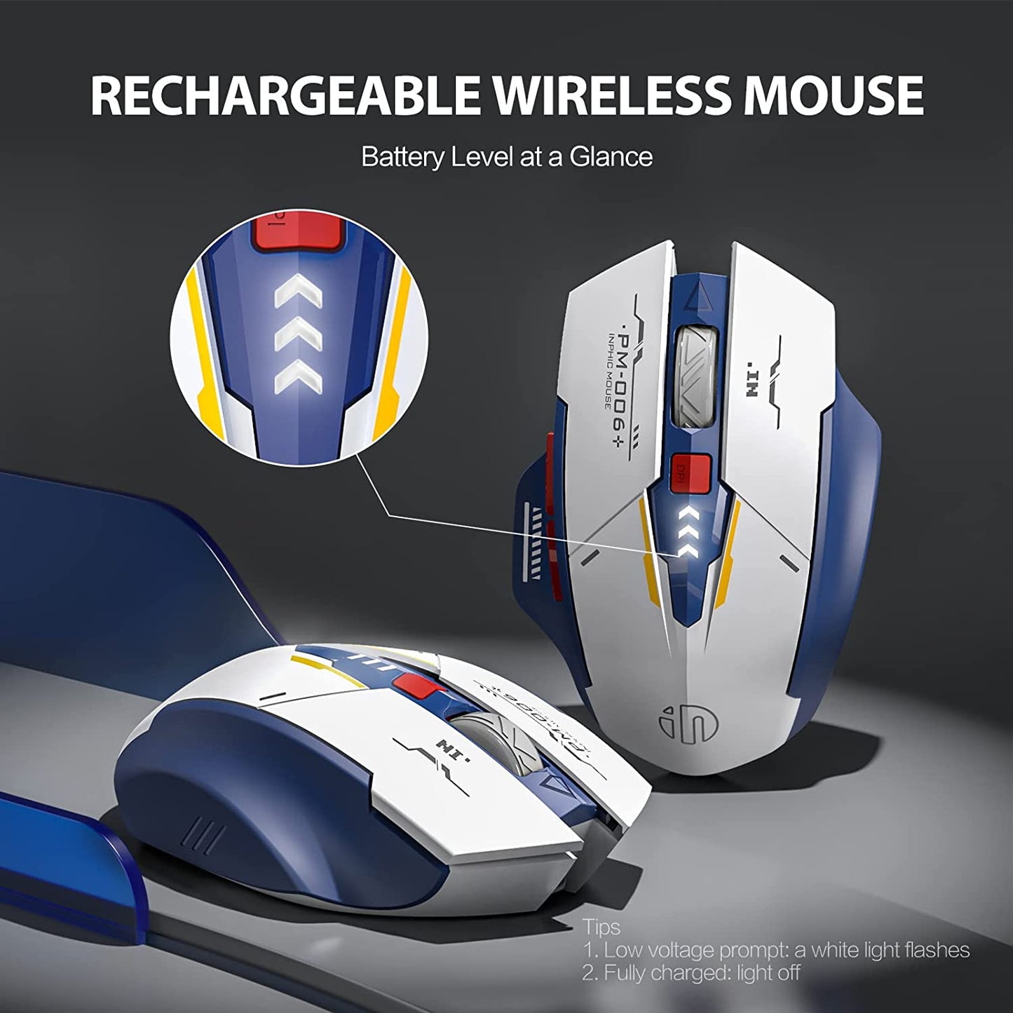 INPHIC Wireless Mouse, Rechargeable Ergonomic Silent Mice with 2.4G USB Receiver Mecha Style Mouse wireless for Laptop Computer Mac MacBook, Blue & White