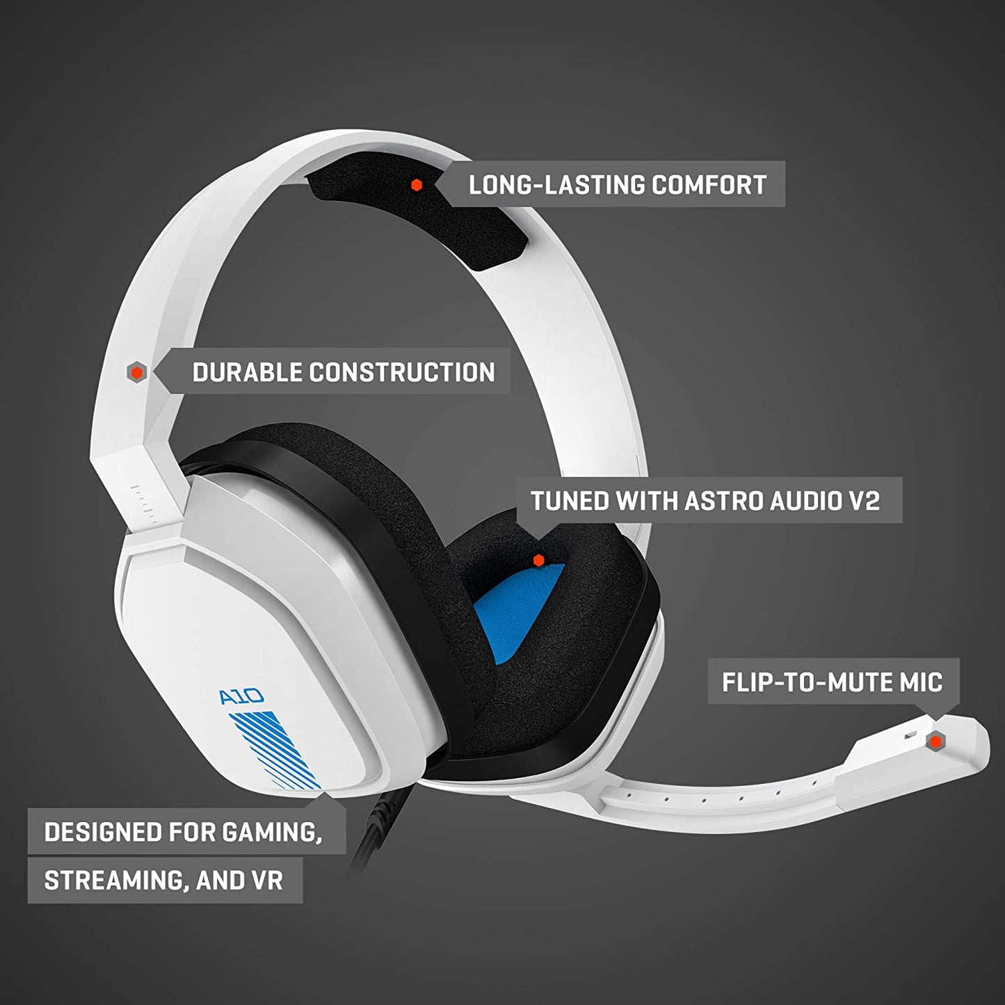 ASTRO Gaming A10 Wired Gaming Headset, Lightweight and Damage Resistant, ASTRO Audio, 3.5 mm Audio Jack, for Xbox Series X|S, Xbox One, PS5, PS4, Nintendo Switch, PC, Mobile - White/Blue