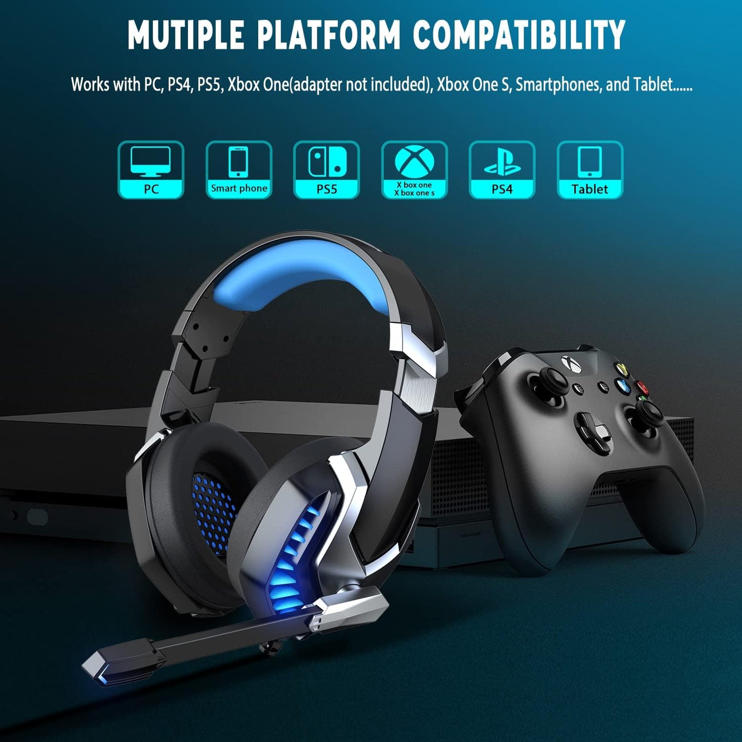 Wasart Gaming Headset, PS4 Headset with Adjustable Microphone and LED Light, Volume Control Gaming Headphones Wired with 50mm Driver, Over Ear Headphones for PC Xbox One PS4 PS5 NS Laptop