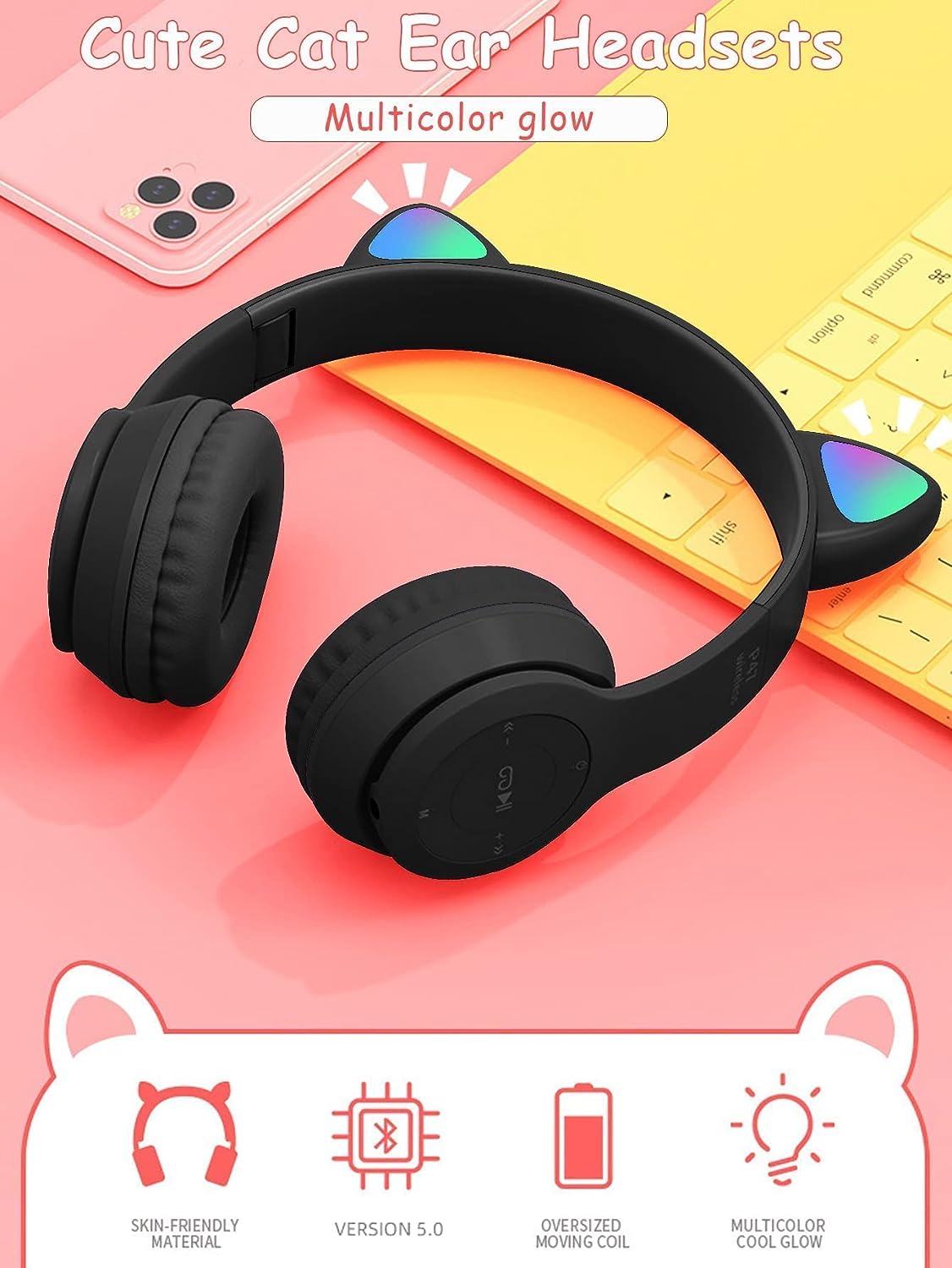 Megadream Kids Wireless Headphones, Bluetooth Over Ear Headphones with Microphone, Cat Ear LED Light Child Headset TF Card/Wired Foldable Earphones for Girls Boys Gift Age 7+(Black)