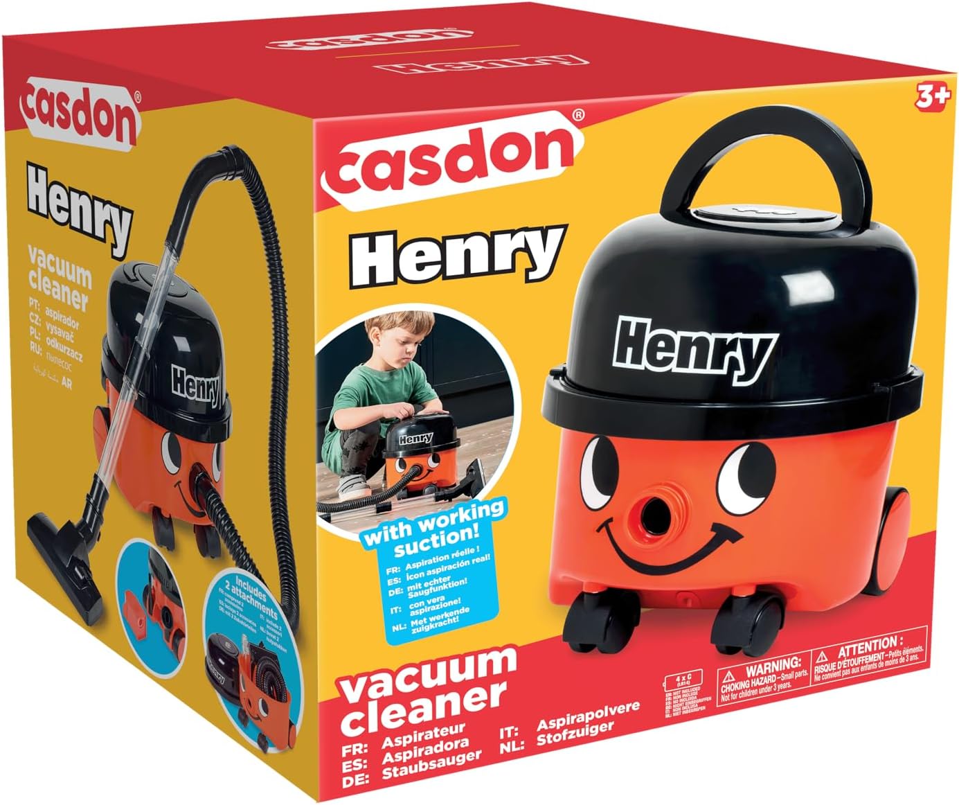 Casdon Henry & Hetty Toys - Hetty Vacuum Cleaner - Pink Vacuum Cleaner Toy with Real Function &amp; Nozzle Accessories - Kids Cleaning Set - For Children Aged 3+ Pink or Classic Red