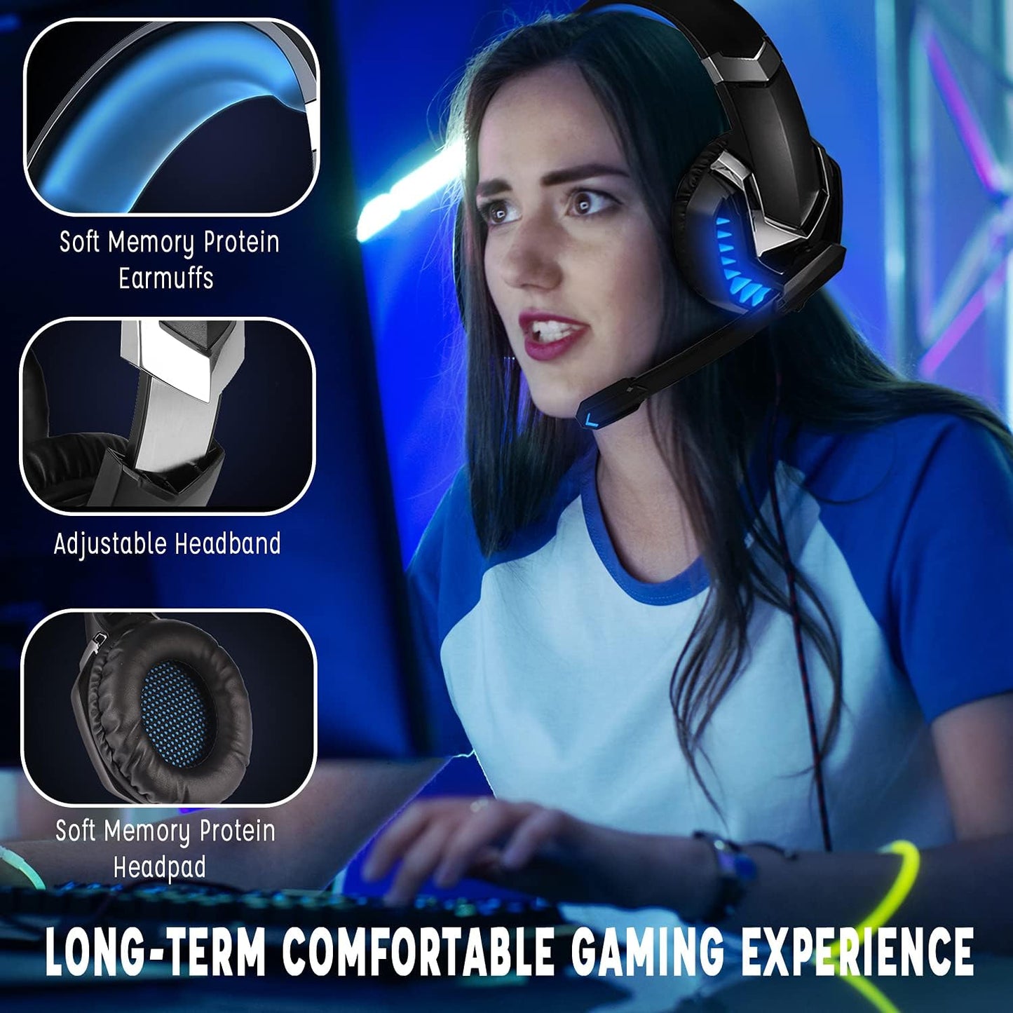 Wasart Gaming Headset, PS4 Headset with Adjustable Microphone and LED Light, Volume Control Gaming Headphones Wired with 50mm Driver, Over Ear Headphones for PC Xbox One PS4 PS5 NS Laptop