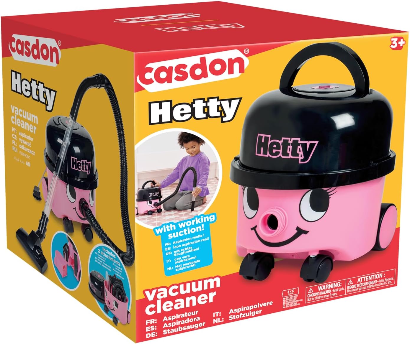 Casdon Henry & Hetty Toys - Hetty Vacuum Cleaner - Pink Vacuum Cleaner Toy with Real Function &amp; Nozzle Accessories - Kids Cleaning Set - For Children Aged 3+ Pink or Classic Red