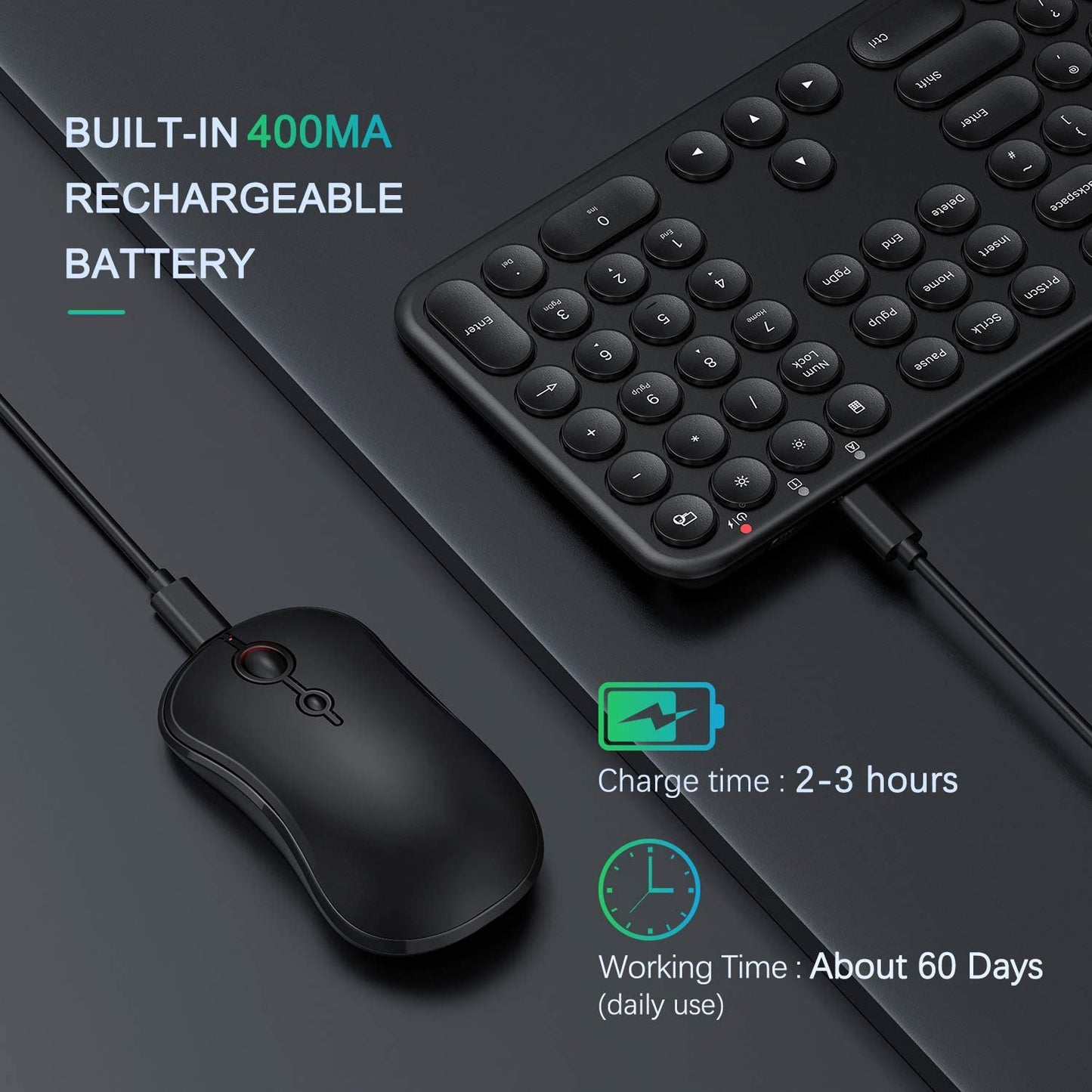 Seenda Rechargeable Wireless Keyboard and Mouse Combo, Ultra Slim Full Size 2.4G Ergonomic Wireless Keyboard & Quiet Mouse Set with Round Keys for Windows System