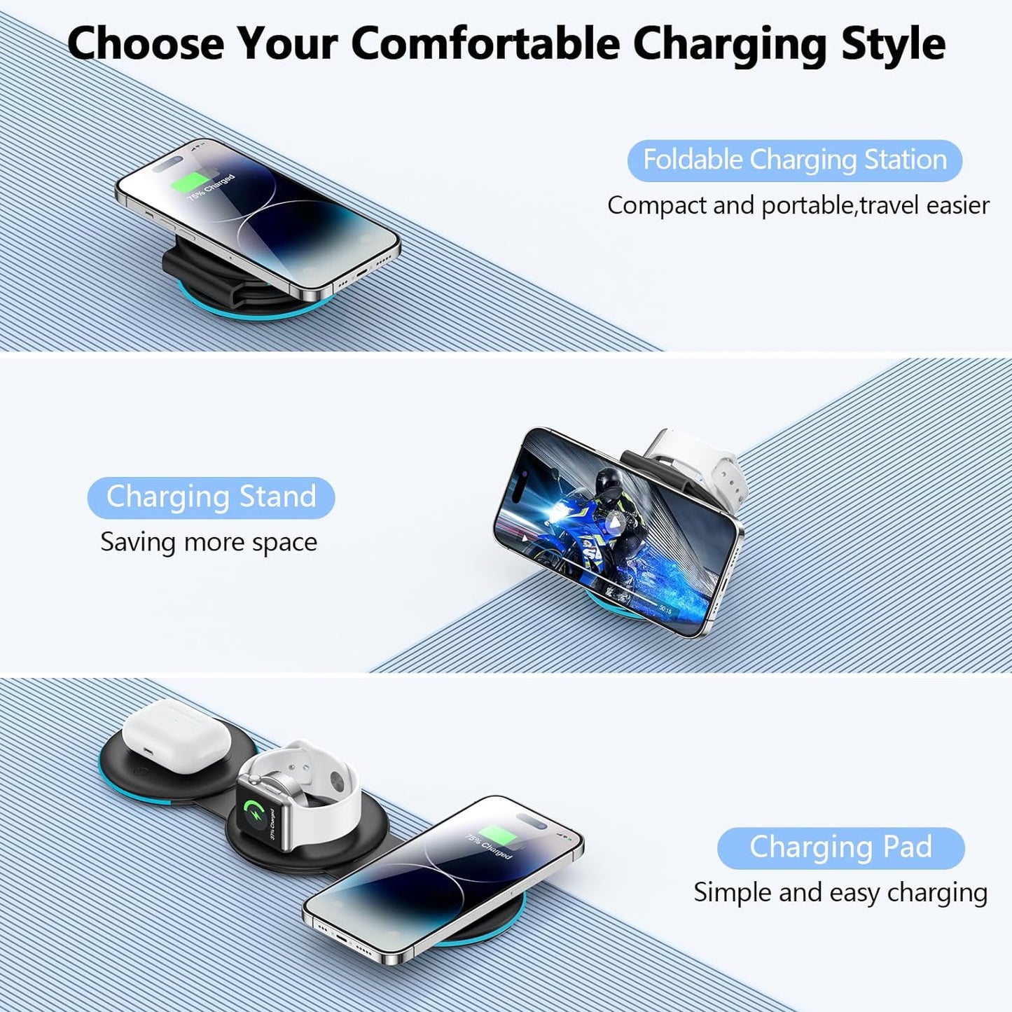 Wireless Charger 3 in 1 - ADADPU Magnetic Foldable Charger Stand Wireless Charging Pad Fast Charging Station for iPhone 15/14/13/12/Pro/Max, Charging Dock for Apple Watch Series, AirPods 3/2/Pro-Black