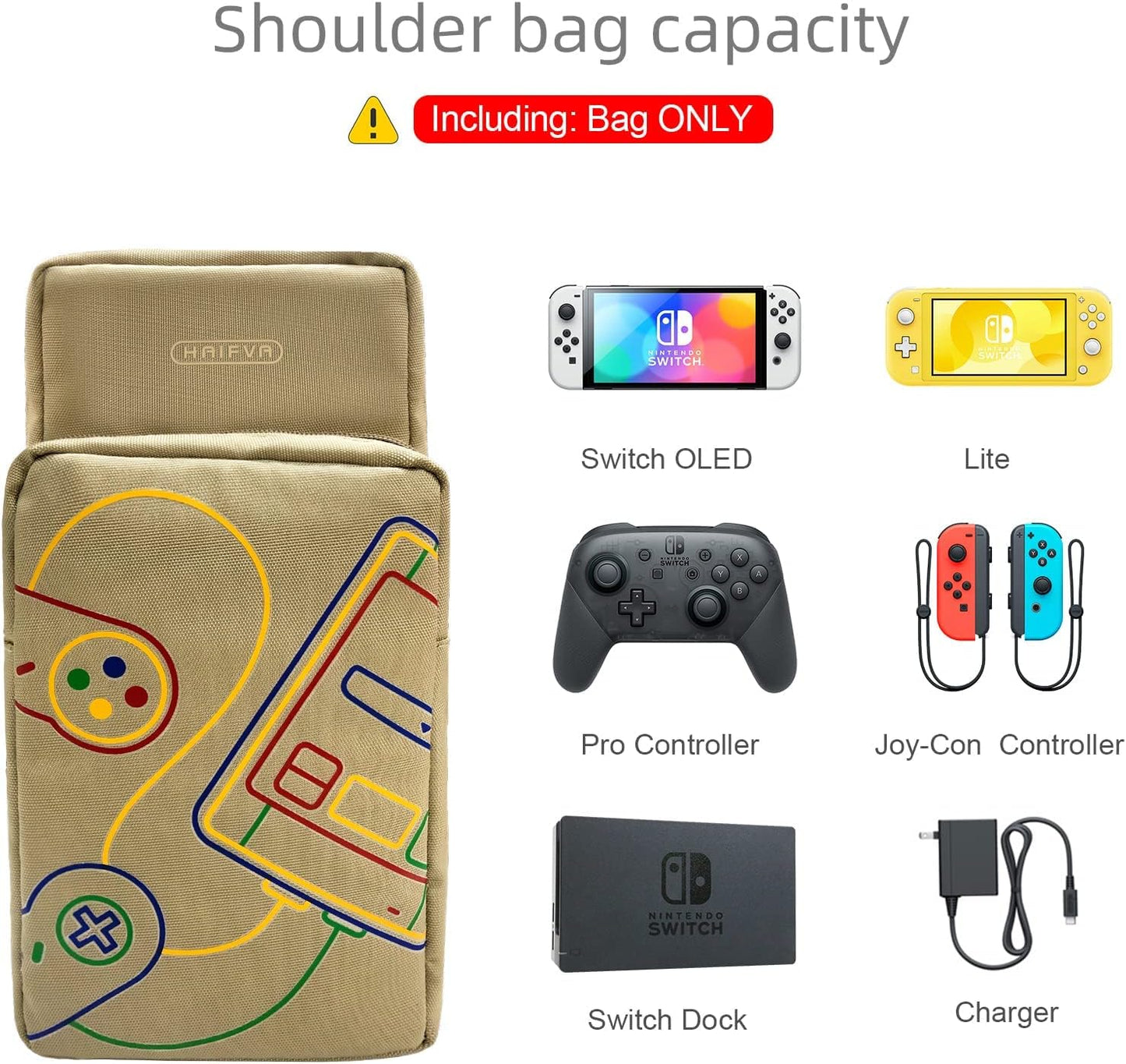 AKNES Switch Travel Bag, Portable Switch Shoulder Bag Compatible with Switch/Switch OLED Console & Accessories, Classic SNES Switch Case Bag Sling Bag Crossbody Backpack for Adult and Kids (Gold）