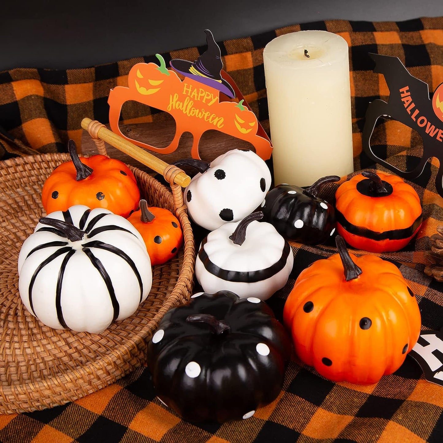 VGOODALL Halloween Pumpkins Decoration Sets, 9 PCS Dotted Black White Orange Pumpkins Halloween Party Packs Style for Office Home Bedroom Garland Table Yard Centrepieces Décor Gift