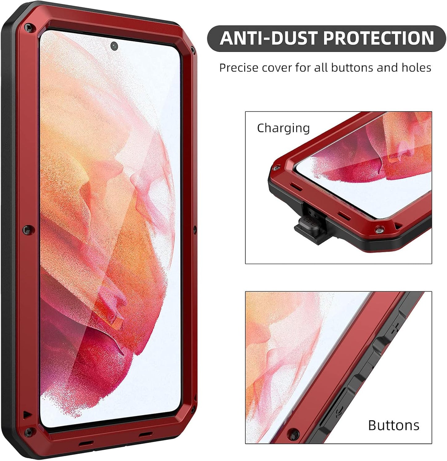 Beeasy Cover Compatible with Samsung S21 Case, Galaxy S21 Case with Built-in Tempered Glass Screen Protector, Shockproof Metal Protective Case, Heavy Duty Tough Case for Samsung Galaxy S21 5G, Red