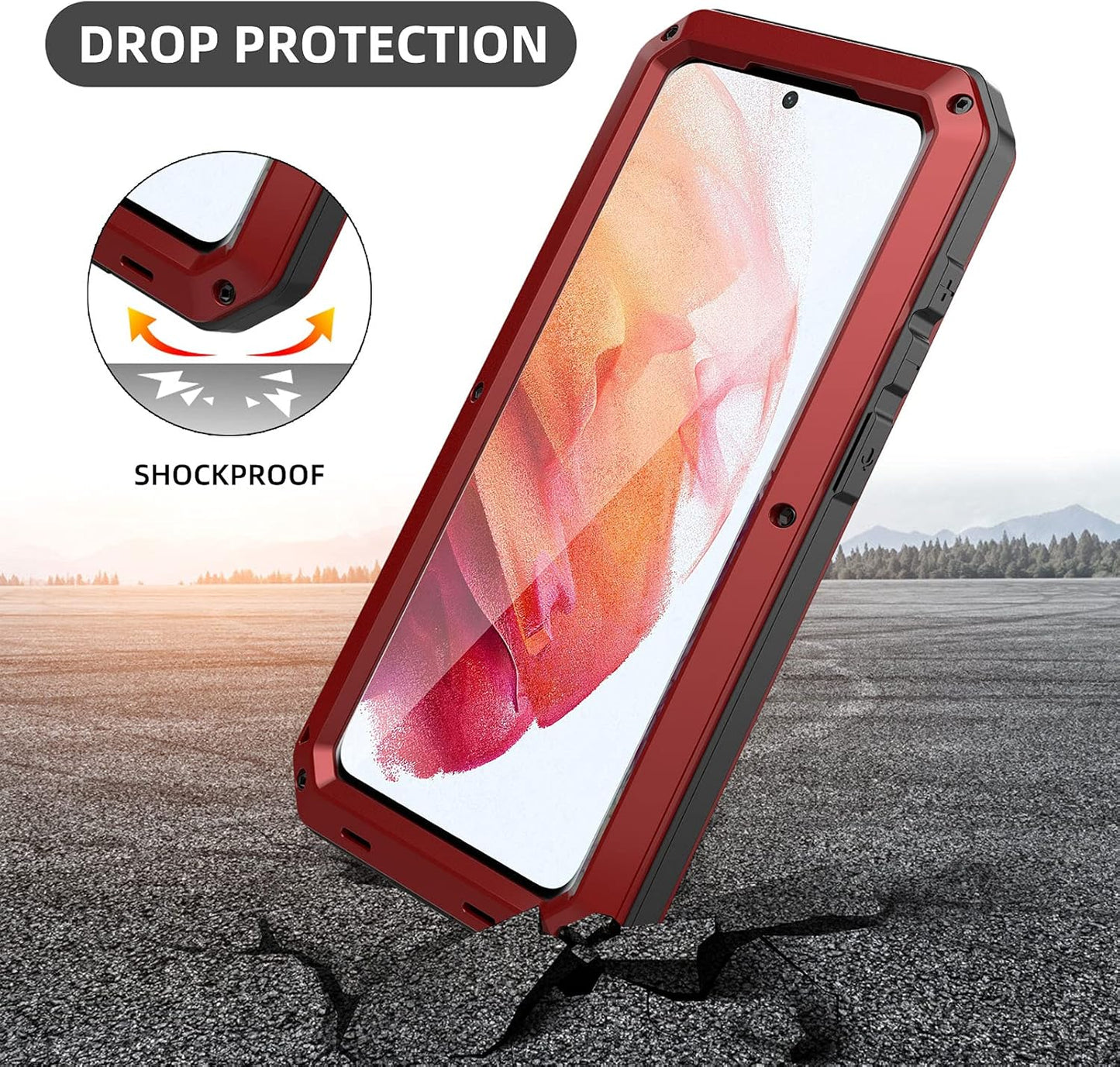 Beeasy Cover Compatible with Samsung S21 Case, Galaxy S21 Case with Built-in Tempered Glass Screen Protector, Shockproof Metal Protective Case, Heavy Duty Tough Case for Samsung Galaxy S21 5G, Red