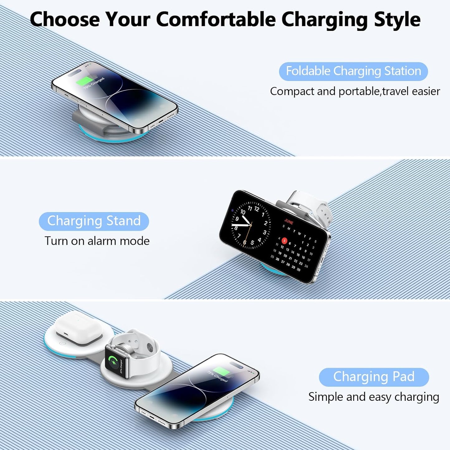 Wireless Charger 3 in 1 - ADADPU Magnetic Foldable Charger Stand Wireless Charging Pad Fast Charging Station for iPhone 15/14/13/12/Pro/Max, Charging Dock for Apple Watch Series, AirPods 3/2/Pro-Black
