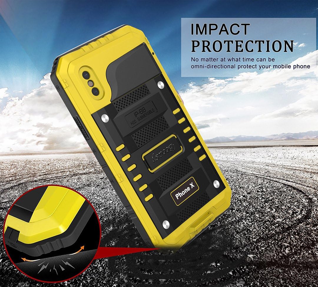 Case for iPhone X/XS Heavy Duty with Screen Full Body Protective Waterproof, Impact Strong, Shockproof Dust Proof Tough Cover for iPhone 10 Metal Military Defender for Outdoor Black &amp; Yellow