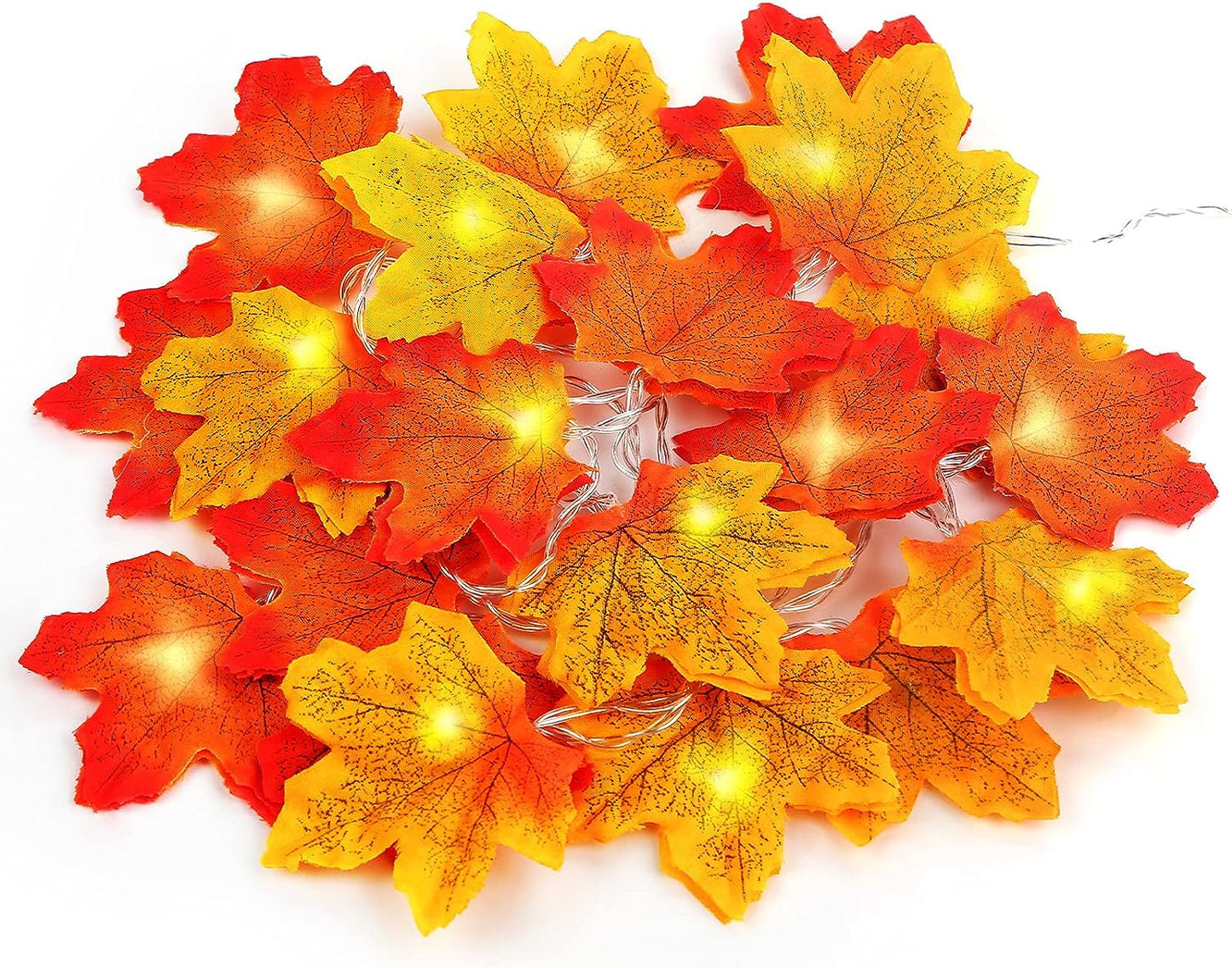 VGOODALL Halloween Pumpkins 32PCS Artificial Pumpkins Sets, 12PCS Mini Fake Pumpkins with 10PCS Lifelike Maple Leaves 10PCS LED Artificial Lights Garland Battery Operated Decoration Fairy Lights Faux Pumpkins for Decorating Fall Harvest Garland Halloween