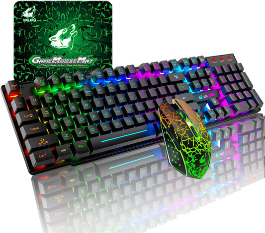 Wireless Keyboard Mouse Combo Rainbow Backlit 2.4G Rechargeable 3000mAh Battery 104 Keys Gaming Keyboard + 2400DPI 6 Buttons Optical Rainbow LED Gaming Wireless Mouse + Mouse Pads for PC Laptop