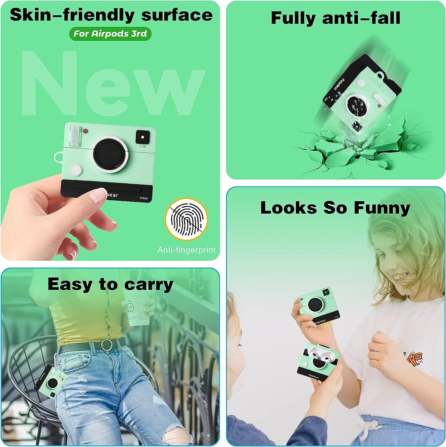 STSNano Cute Case for AirPod 3 3rd Generation Cool Design Funny Kawaii Fun Fashion Cartoon Air Pods 3 (2021) Soft Silicone Cover Unique 3D for Girls Boys Kids Women Cases for AirPods 3 (Green camera)