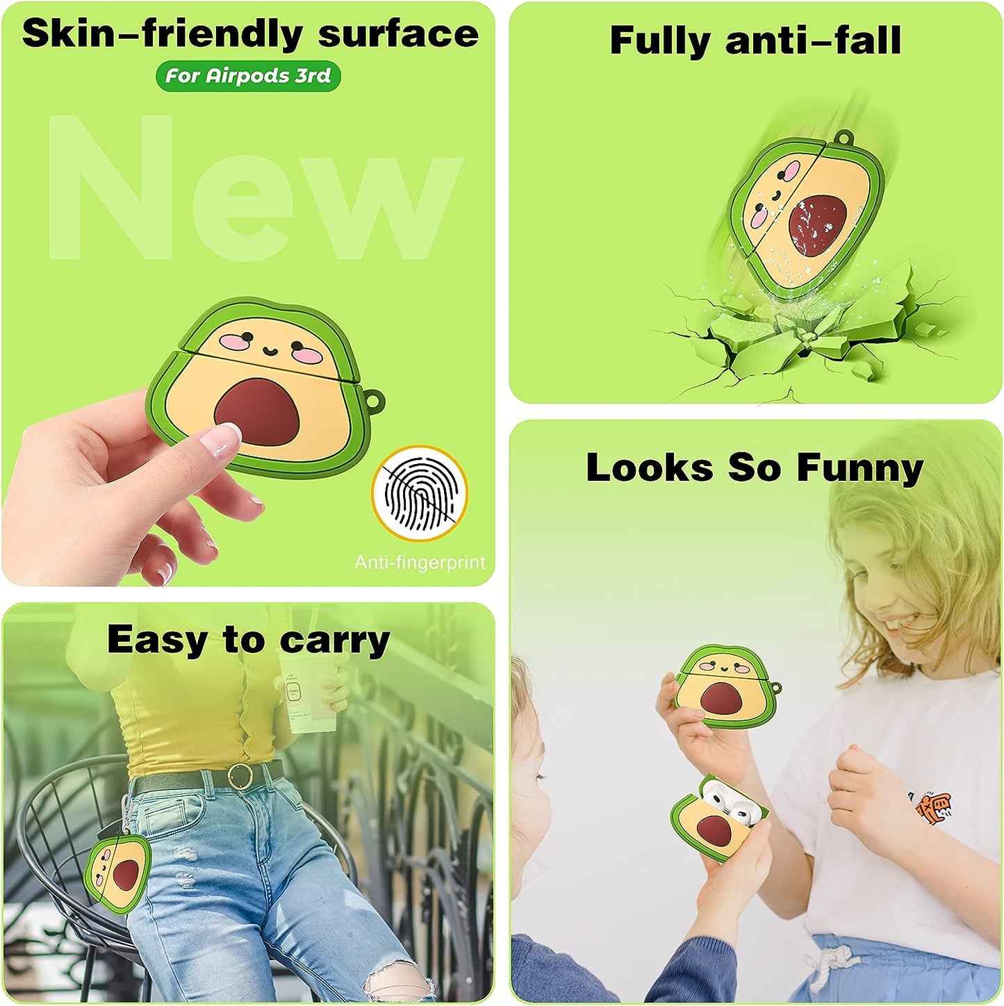 STSNano 3rd Generation Cartoon Character Design Funny Kawaii Fun Air Pod 3 (2021) Silicone Cover Unique 3D for Girls Boys Kids Teen Cases for AirPods 3 (2021) (Avocado)