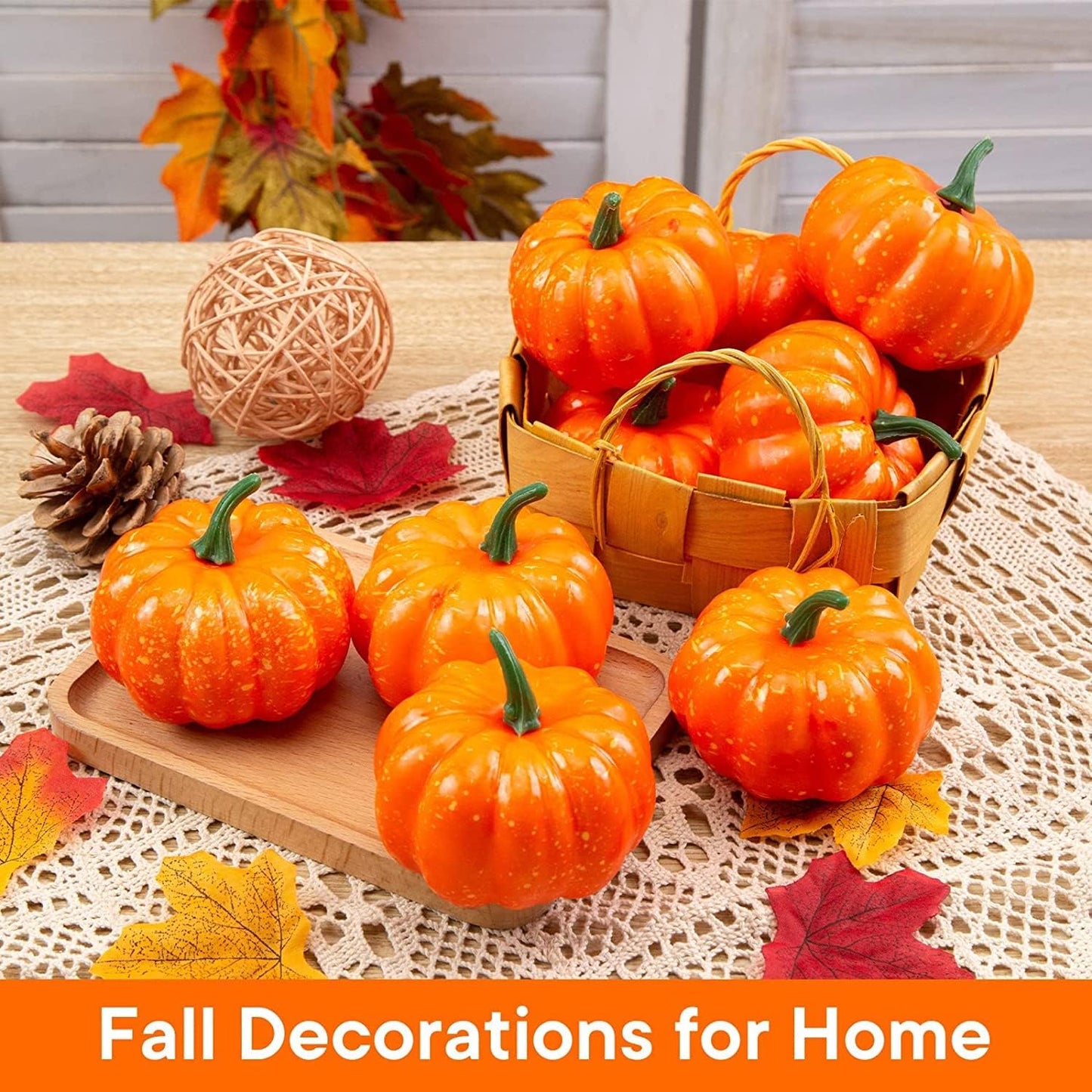 VGOODALL Halloween Pumpkins 32PCS Artificial Pumpkins Sets, 12PCS Mini Fake Pumpkins with 10PCS Lifelike Maple Leaves 10PCS LED Artificial Lights Garland Battery Operated Decoration Fairy Lights Faux Pumpkins for Decorating Fall Harvest Garland Halloween