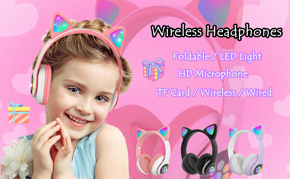 Megadream Wireless Headphones for Kids, Cat Ear Foldable Bluetooth Earphones Flashing LED Light Up Over Ear Headset with Microphone for iPhone/iPad/Tablet, for Girls Boys Gift Age 8+ (Black) (White Pink)