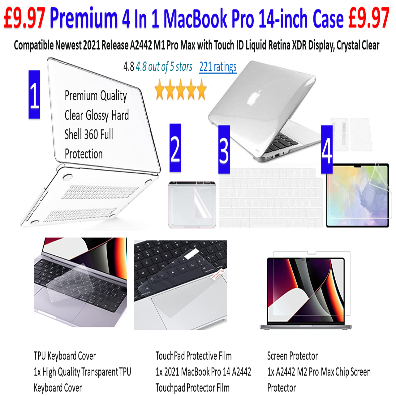 BELK Compatible with MacBook Pro 14 inch Case 2023-2021 A2779 M2 A2442 M1 Pro/Max chip & Touch ID, MacBook Pro 14 Case Clear Laptop Plastic Hard Shell + Keyboard Cover + Screen & Touchpad Protector