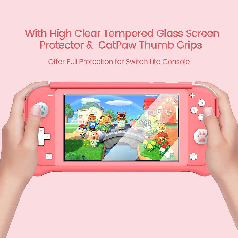 LEYUSMART Switch Lite Case for Nintendo (Ergonomic/Sturdy/Full Protection) Gift Idea with HD Screen Protector & Thumb Grip Caps for Family Happy Hours, Nintendo Switch Lite Protector Coral