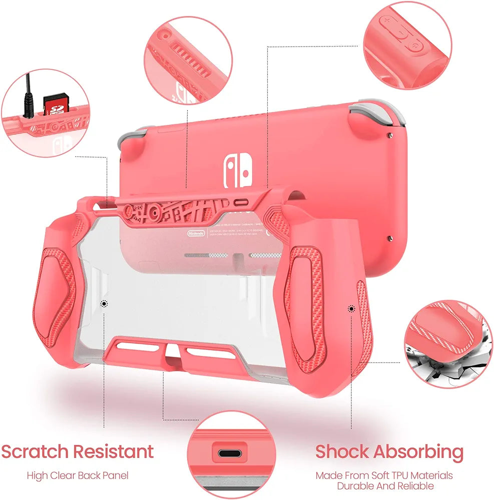 LEYUSMART Switch Lite Case for Nintendo (Ergonomic/Sturdy/Full Protection) Gift Idea with HD Screen Protector & Thumb Grip Caps for Family Happy Hours, Nintendo Switch Lite Protector Coral