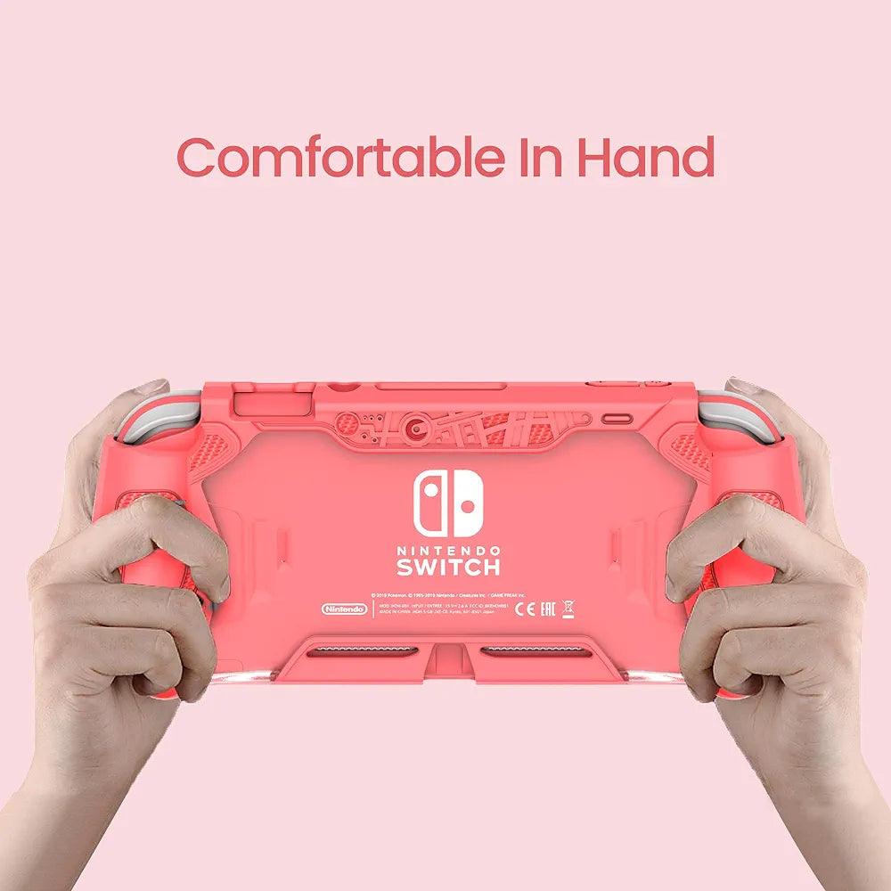 LEYUSMART Switch Lite Case for Nintendo (Ergonomic/Sturdy/Full Protection) Gift Idea with HD Screen Protector & Thumb Grip Caps for Family Happy Hours, Nintendo Switch Lite Protector Coral