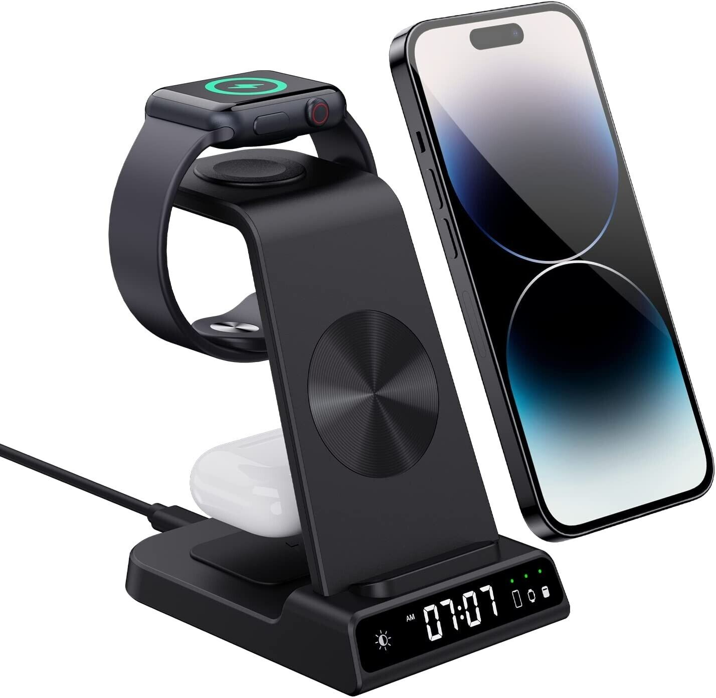 Wireless Charger, 3 in 1 Wireless Charging Station with Clock for iPhone 14 Pro Max 13 12 Pro, Apple Watch Charger Stand for iWatch 8 7 SE 6 5