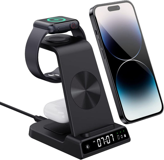 Wireless Charger, 3 in 1 Wireless Charging Station with Clock for iPhone 14 Pro Max 13 12 Pro, Apple Watch Charger Stand for iWatch 8 7 SE 6 5
