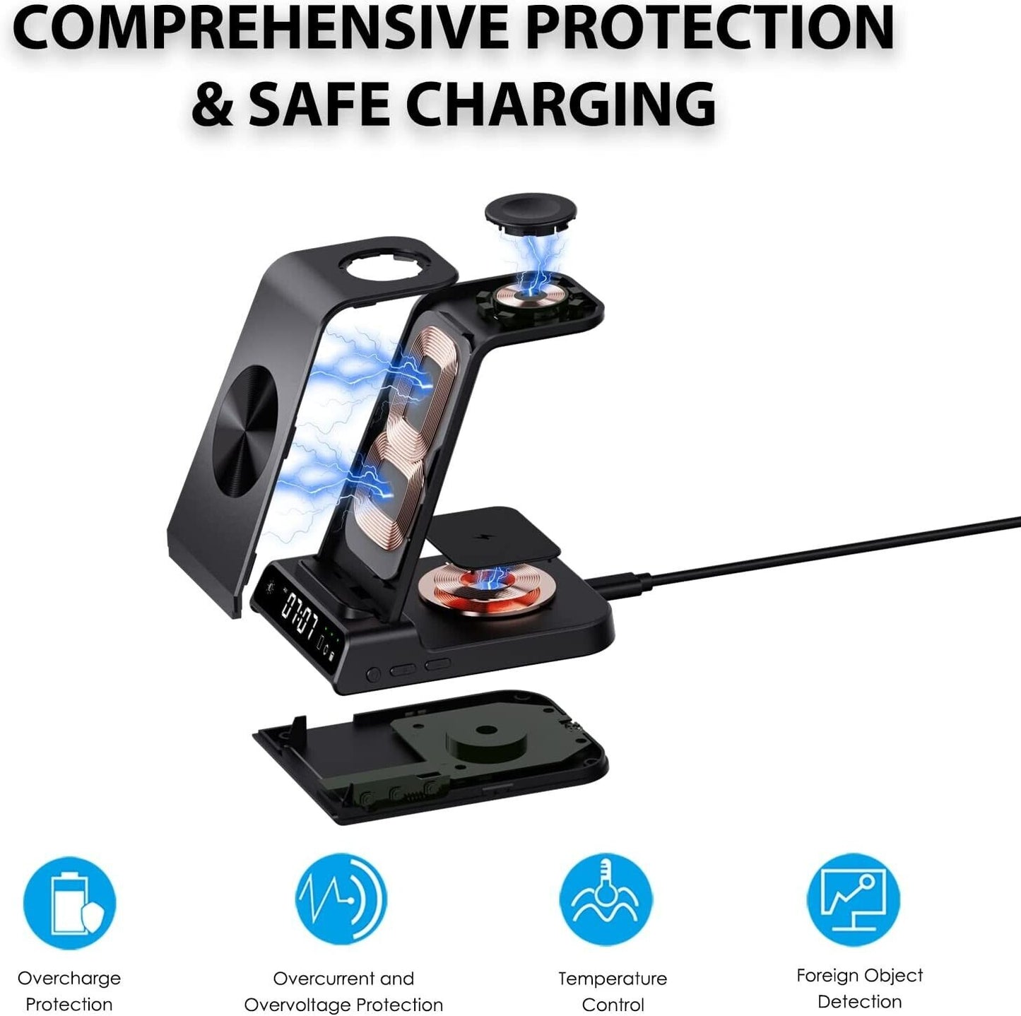 Wireless Charger, 3 in 1 Wireless Charging Station with Clock for iPhone 14 Pro Max 13 12 Pro, Apple Watch Charger Stand for iWatch 8 7 SE 6 5