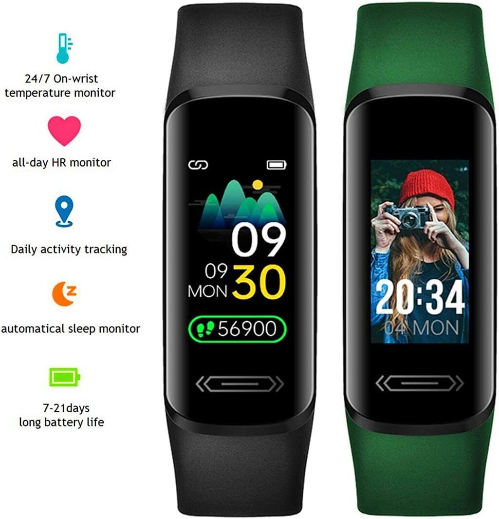 V101 Fitness Activity Tracker with Body Temperature Heart Rate Sleep Health Monitor, IP68 Waterproof Pedometer Steps Calories Counter Watch for Kids Teens Women Men's (Black) (Green)