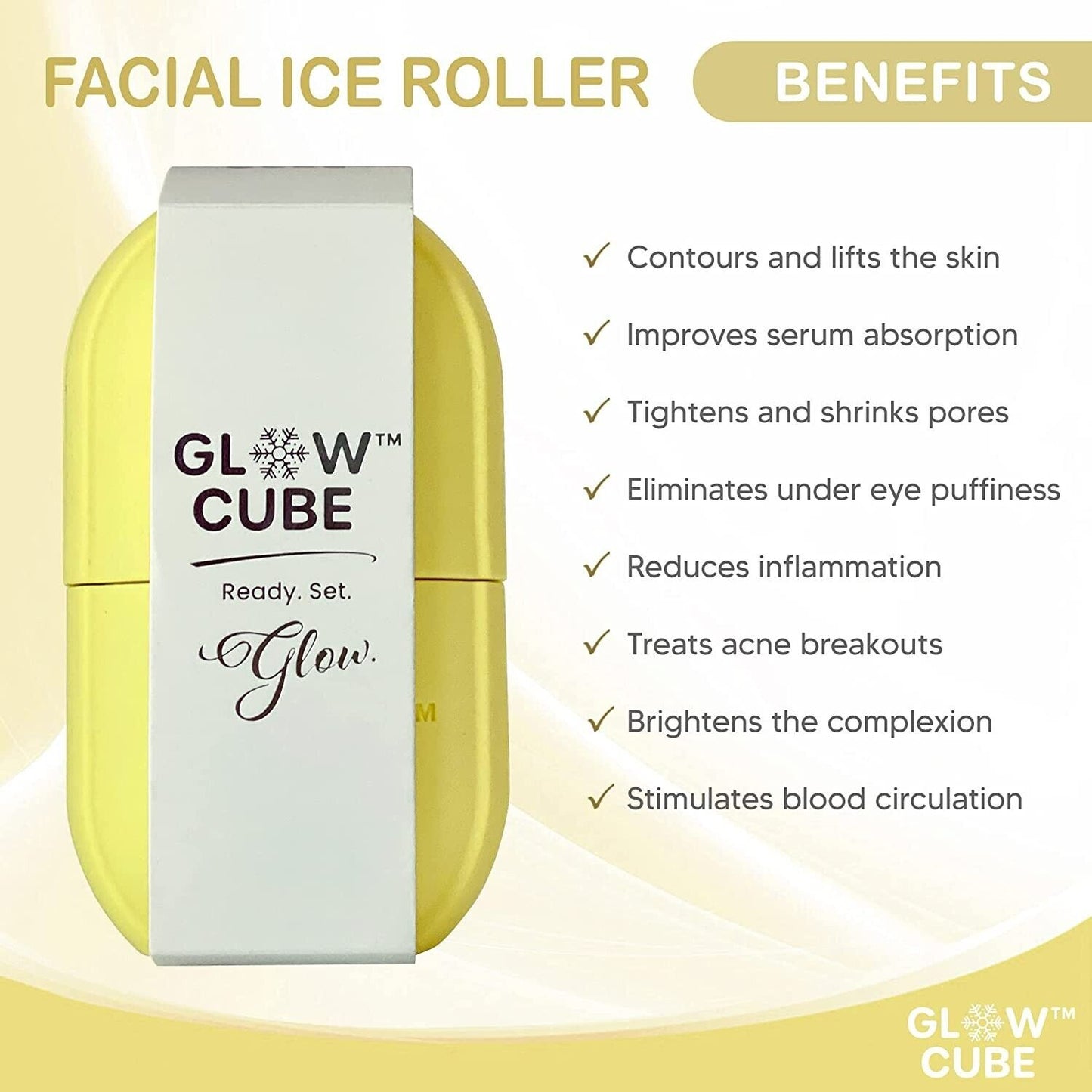 GLOW CUBE Ice Roller For Face Eyes and Neck To Brighten Skin & Enhance Your Natural Glow/Reusable Facial Treatment to Tighten & Tone Skin & De-Puff The Eye Area (Pastel Yellow)