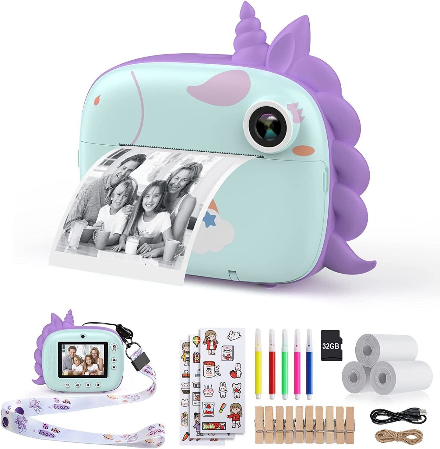 HiMont Kids Camera Instant Print, Digital Camera for Kids with Zero Ink Print Paper & 32G TF Card, Selfie Video Camera with Colour Pens & Photo Clips for DIY, Gift for Girls Boys 3-14 Years Old