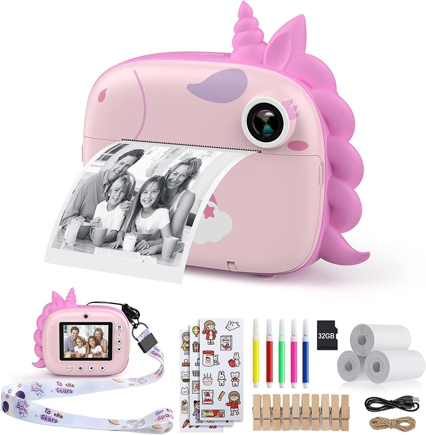 HiMont Kids Camera Instant Print, Digital Camera for Kids with Zero Ink Print Paper & 32G TF Card, Selfie Video Camera with Colour Pens & Photo Clips for DIY, Gift for Girls Boys 3-14 Years Old