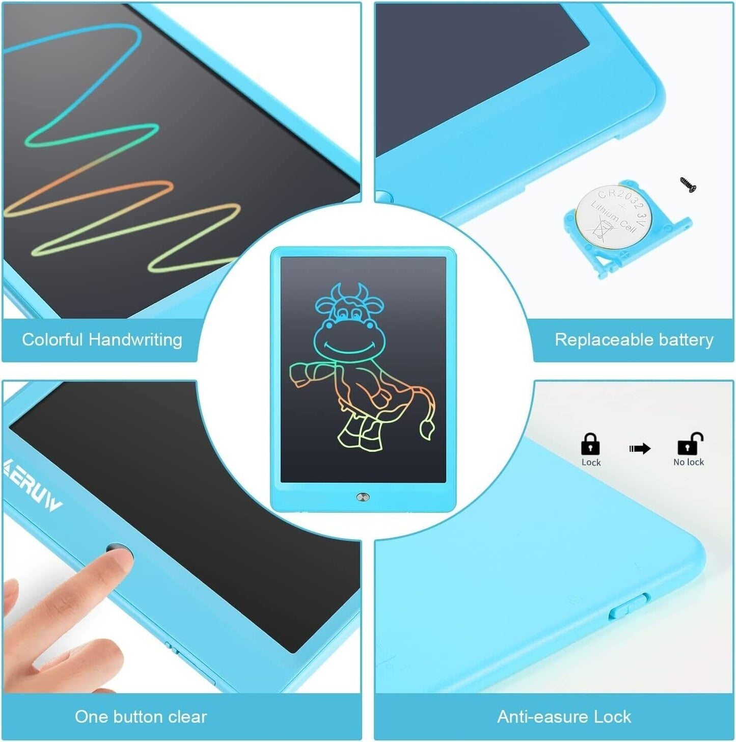 ERUW Colourful LCD Writing Tablet 10 Inch Electronic Drawing Board Doodle Pad Office Handwriting Pad eWriter with Stylus- Best Gifts for kids Christmas Birthday Home School Office Blue or Pink