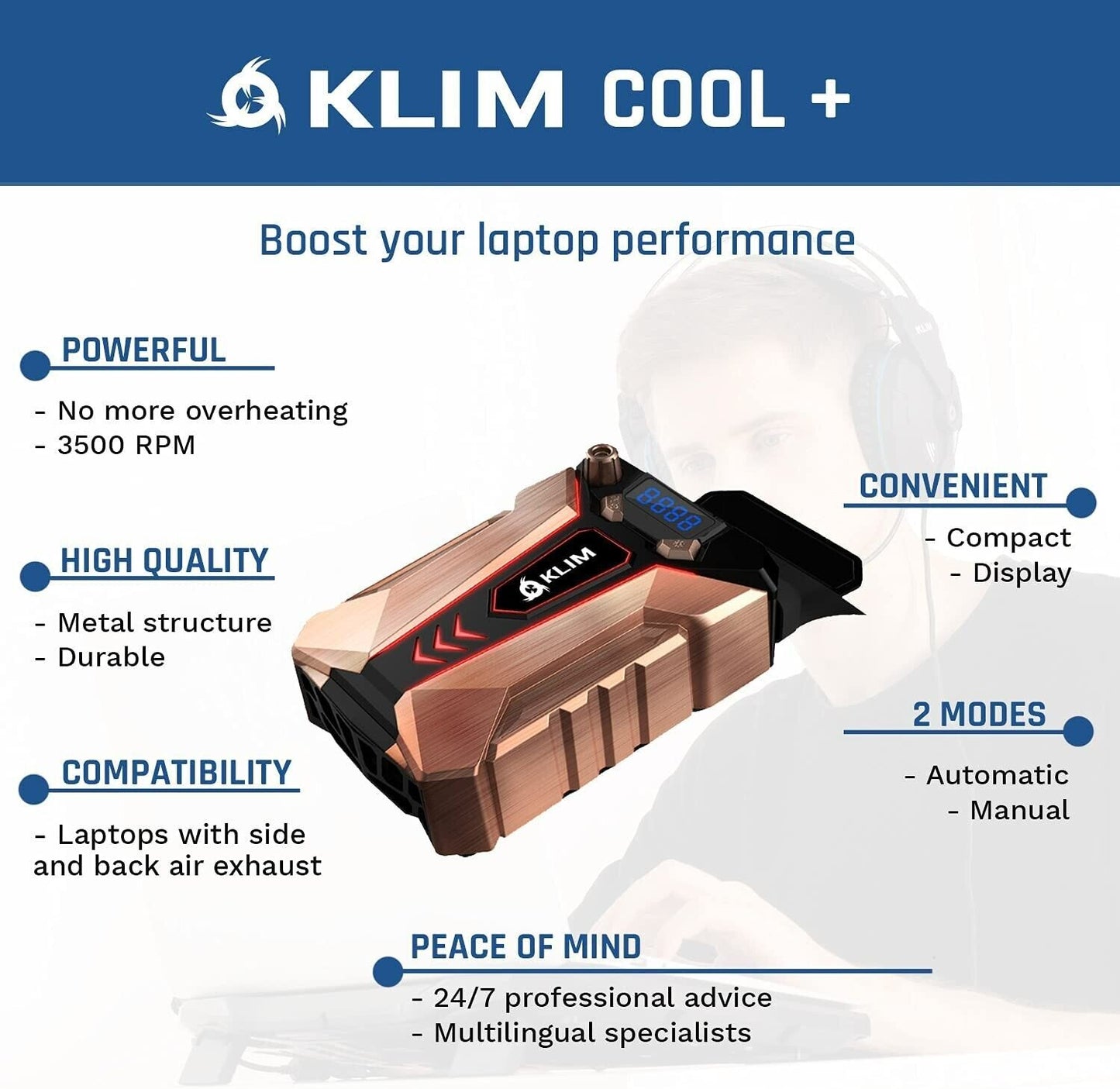 KLIM Cool Metal Laptop Cooler Fan - NEW 2023 - The Most Powerful Gaming External Air Vacuum - Computer USB for Immediate Cooling - Slim - Portable - Quiet