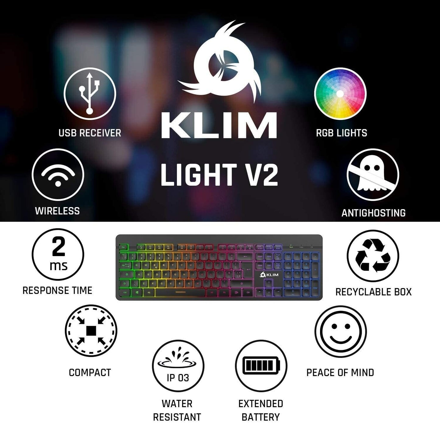 KLIM Light V2 Wireless Keyboard + Slim, Durable, Ergonomic + Backlit Wireless Gaming Keyboard For Laptop PC Mac PS4 PS5 Xbox One + Long-lasting Built-In Battery + NEW 2022