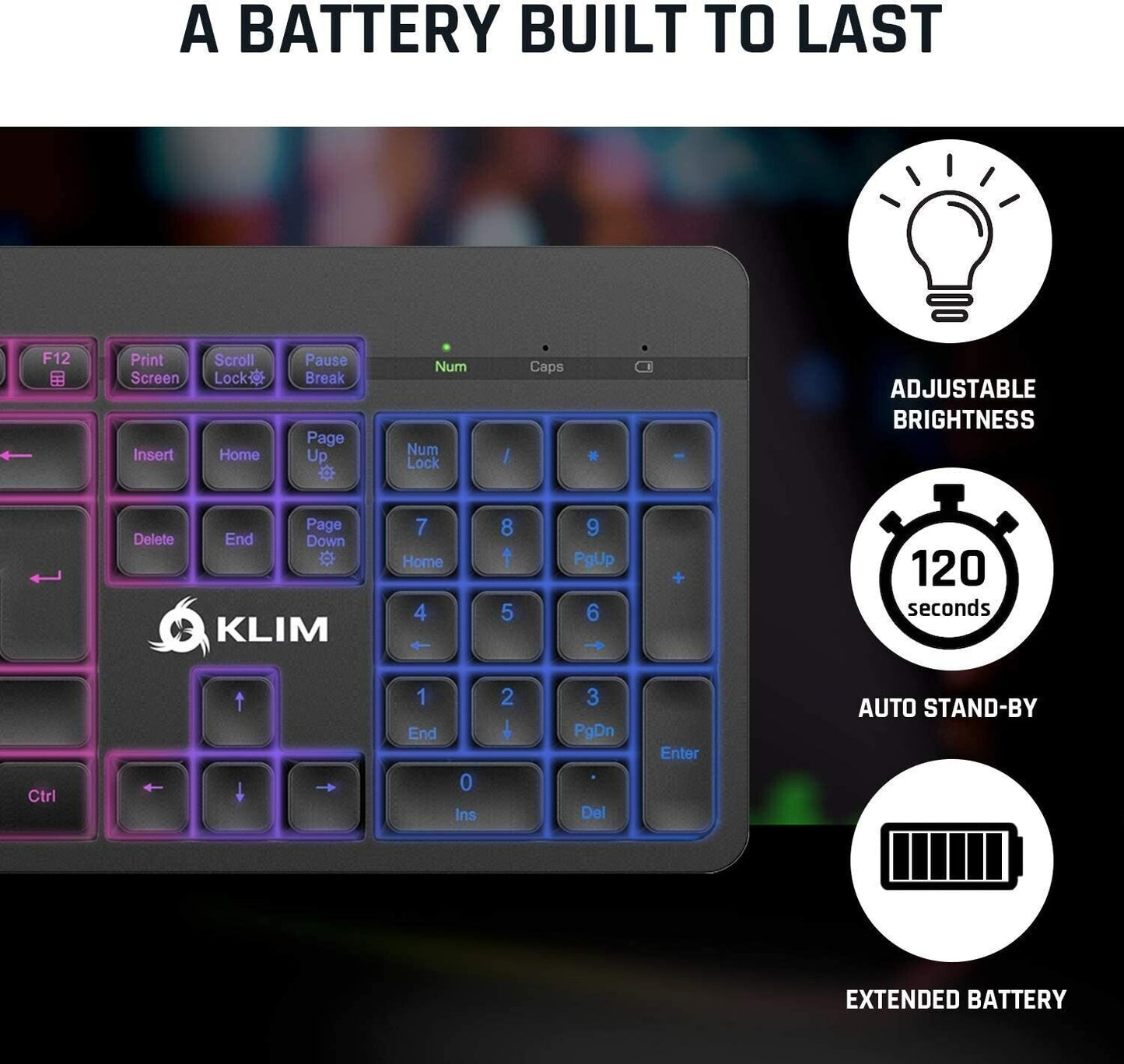 KLIM Light V2 Wireless Keyboard + Slim, Durable, Ergonomic + Backlit Wireless Gaming Keyboard For Laptop PC Mac PS4 PS5 Xbox One + Long-lasting Built-In Battery + NEW 2022