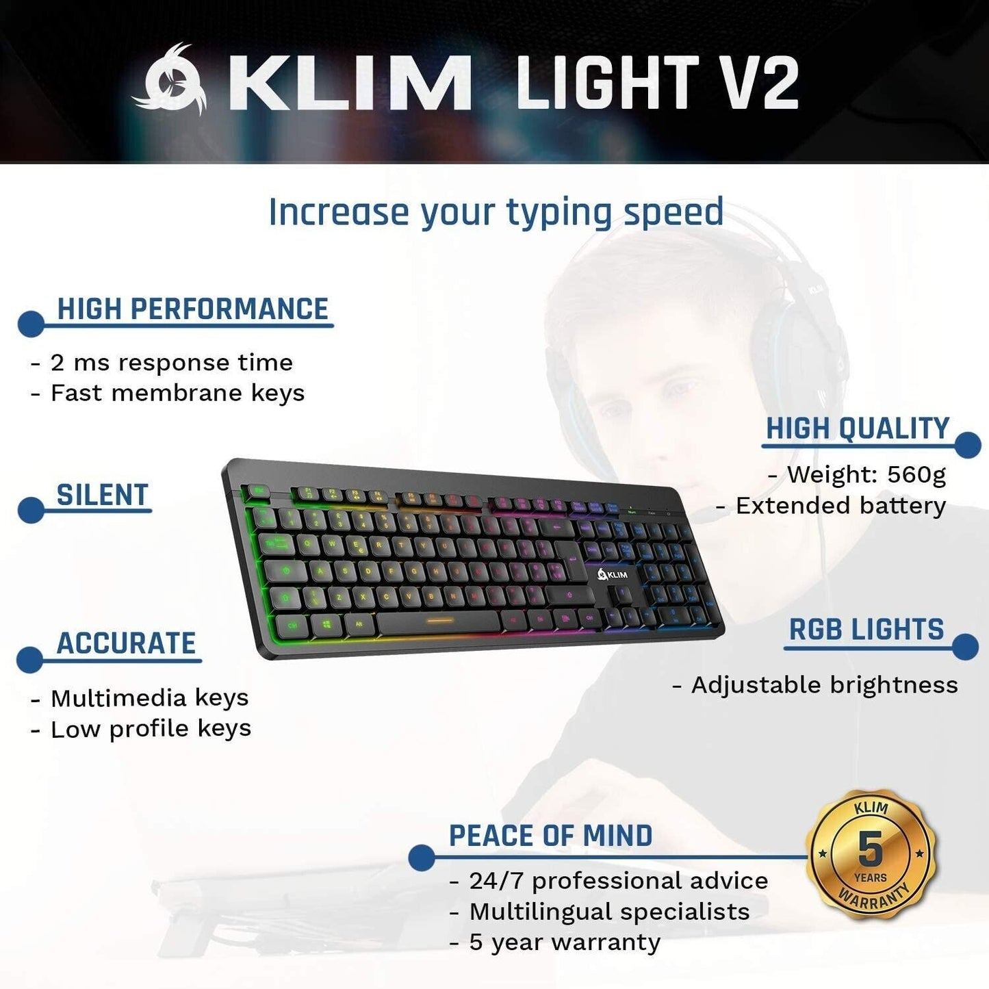 KLIM Light V2 Wireless Keyboard + Slim, Durable, Ergonomic + Backlit Wireless Gaming Keyboard For Laptop PC Mac PS4 PS5 Xbox One + Long-lasting Built-In Battery + NEW 2022