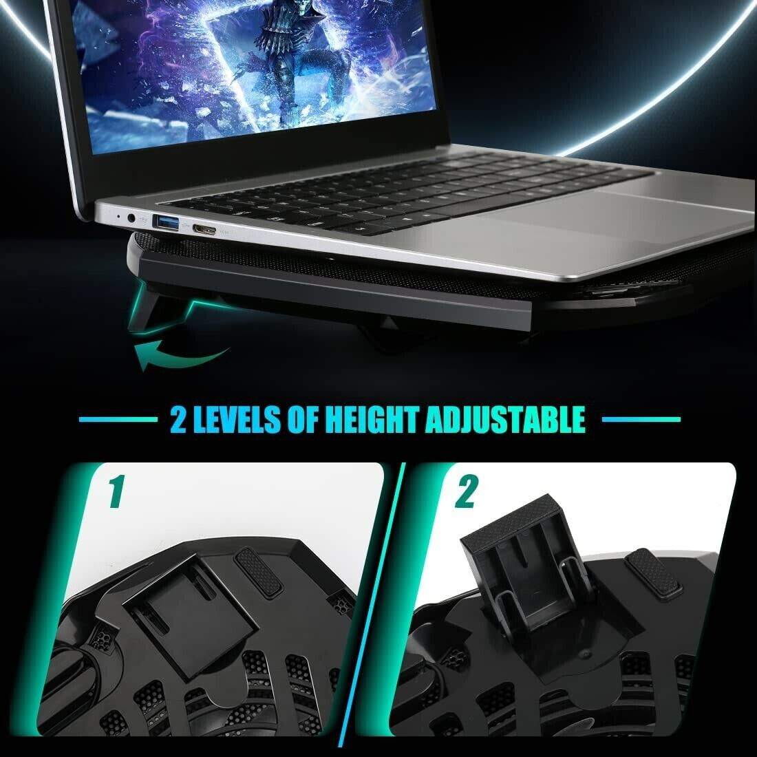 Laptop Cooling Pad, Gaming Laptop Cooler with 2 Quiet Big Fans, RGB 7 Colour Light Change, Portable USB Laptop Stand 11 to 15.6 Inch, Slim and Easy Carry Working Study Outdoor Travel