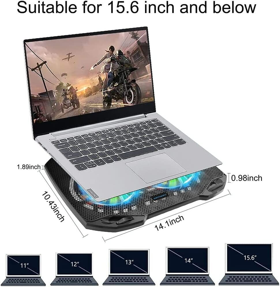 Laptop Cooling Pad, Gaming Laptop Cooler with 2 Quiet Big Fans, RGB 7 Colour Light Change, Portable USB Laptop Stand 11 to 15.6 Inch, Slim and Easy Carry Working Study Outdoor Travel