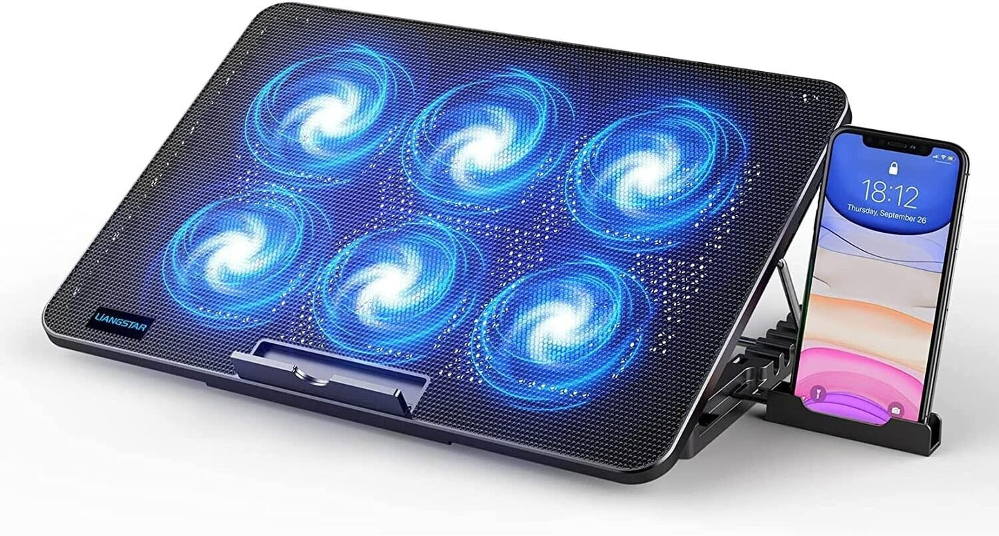 LIANGSTAR Laptop Cooling Pad, Laptop Cooler with 6 Quiet Fans at 2100RPM, Laptop Stand with Phone Holder, 7 Heights Adjustable & USB Powered, suitable for 12-17 Inch, New 2022 Version - Blue