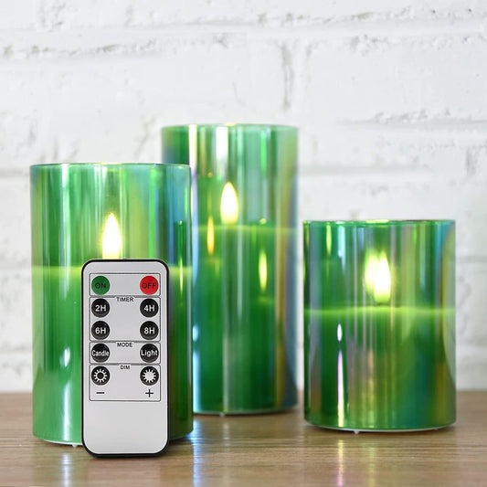 Eywamage Green Glass Flameless LED Candles with Remote, Flickering Battery Operated Christmas Decorative Candles Set of 3 D 3" H 4" 5" 6"