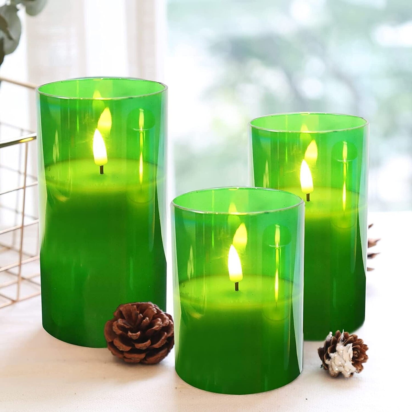 Eywamage Green Glass Flameless LED Candles with Remote, Flickering Battery Operated Christmas Decorative Candles Set of 3 D 3" H 4" 5" 6"