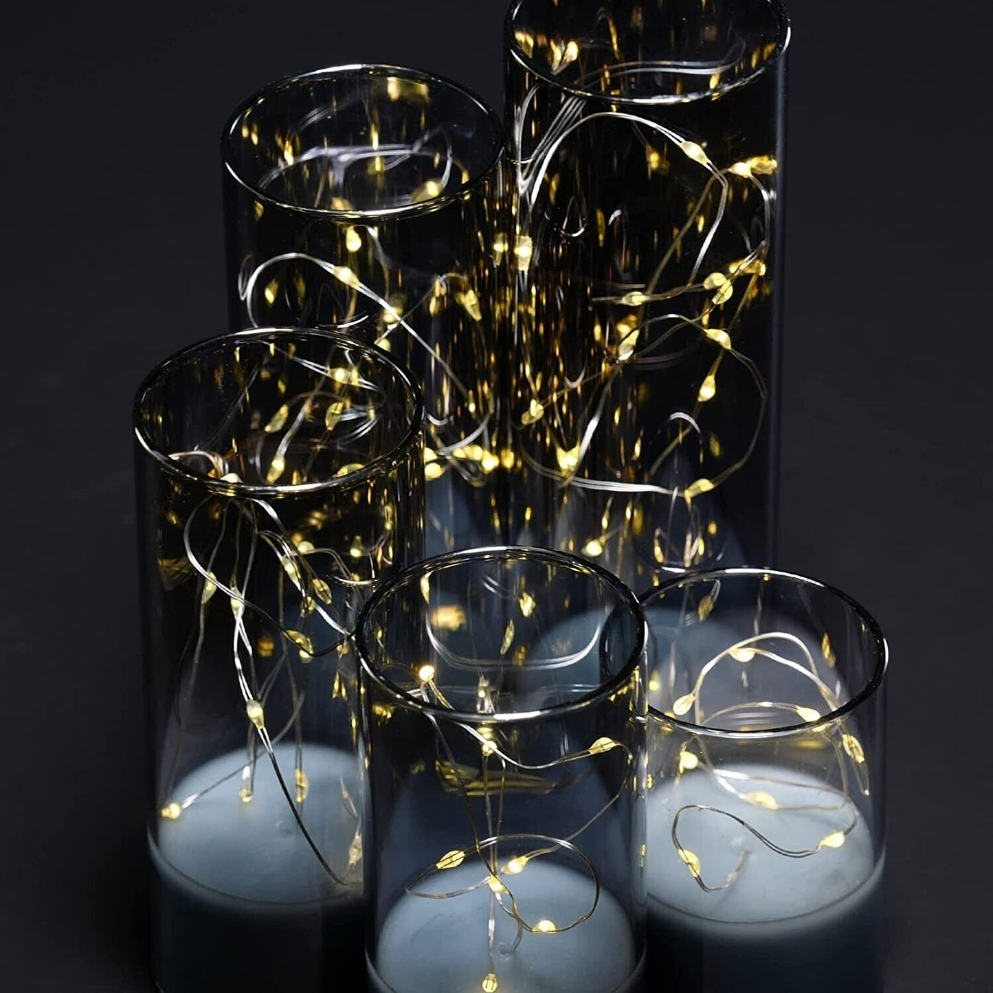 Eywamage Slim Grey Glass Flameless Candles with Remote Fairy Lights, Flickering LED Decorative Candles Battery Operated D 2" H 3" 4" 5" 6" 7"