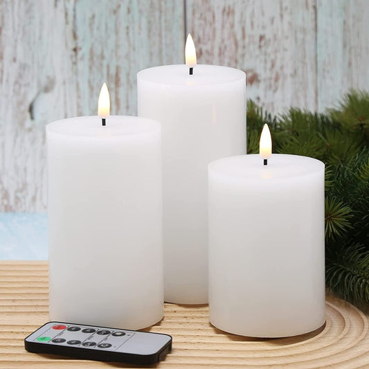 Eywamage White Flameless Pillar Candles with Remote, Flickering Real Wax LED Battery Candles Φ 3" H 4" 5" 6"