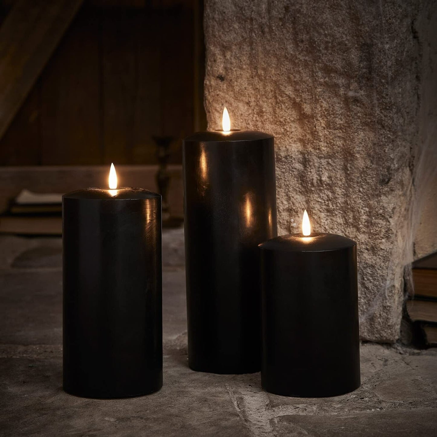 Eywamage Black Flameless Pillar Candles with Remote, Flickering Real Wax LED Battery Candles Φ 3" H 4" 5" 6"