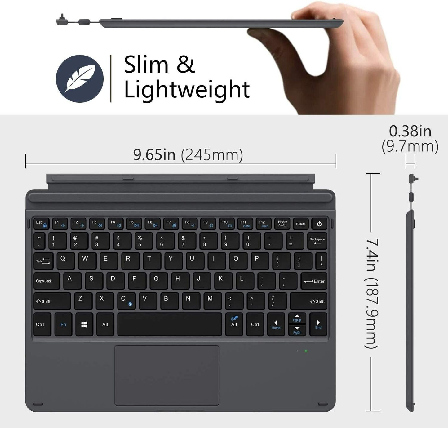 MoKo Type Cover Fit Microsoft Surface Go 3 (2021)/ Surface Go 2 2020 / Surface Go 2018, Ultra-Slim Wireless Bluetooth Keyboard with Micro-USB Charging Cable and Built-in Rechargeable Battery, Black